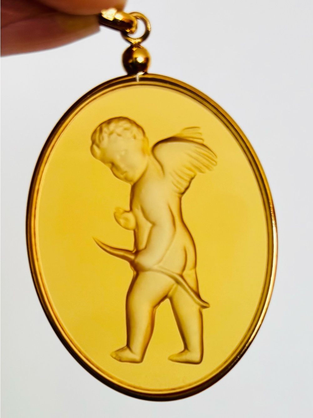 Signed Lalique Engraved Cherub Pendant with Original Soft Pouch